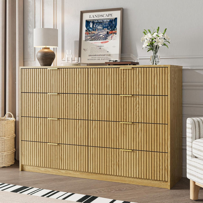 55" Wide Fluted 8-Drawer Double Dresser for Bedroom, Natural