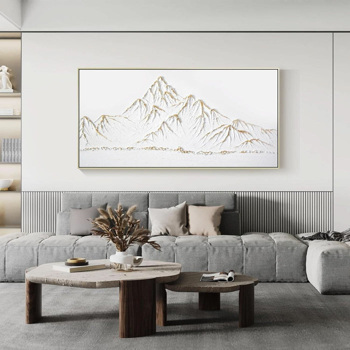 White and Gold Framed Paintings Textured Wall Art - 3D Mountain 100% Hand Painted Canvas Home Decor 48X24 Large Horizontal Contemporary Artwork Decoration for Living Room Bedroom