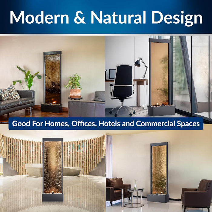 72" Tall Indoor/Outdoor Mirror Waterfall Floor Fountain, LED Lights & River Stones, Elegant Bronze Finish for Home, Office, Patio & Entryway Decor
