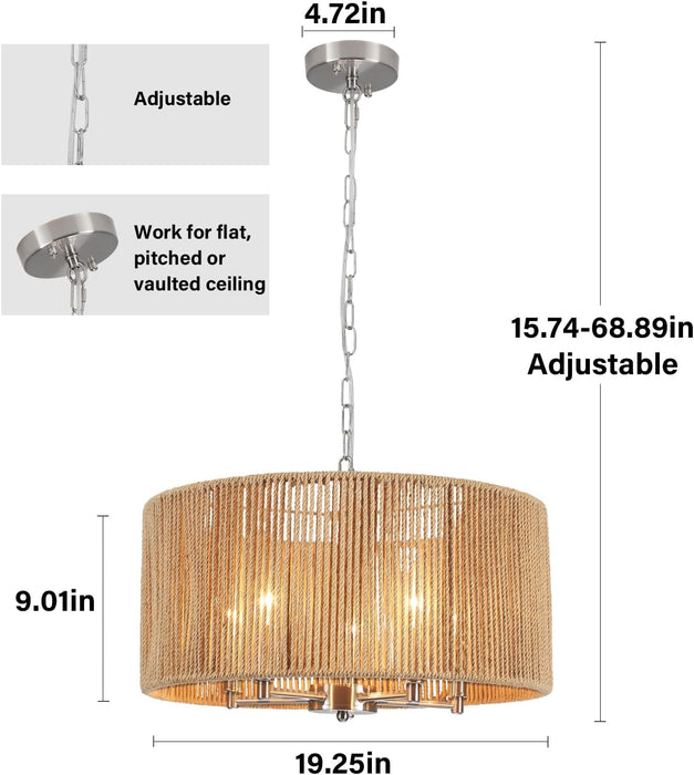 Rattan Chandelier Brushed Nickel Five Light Pendant