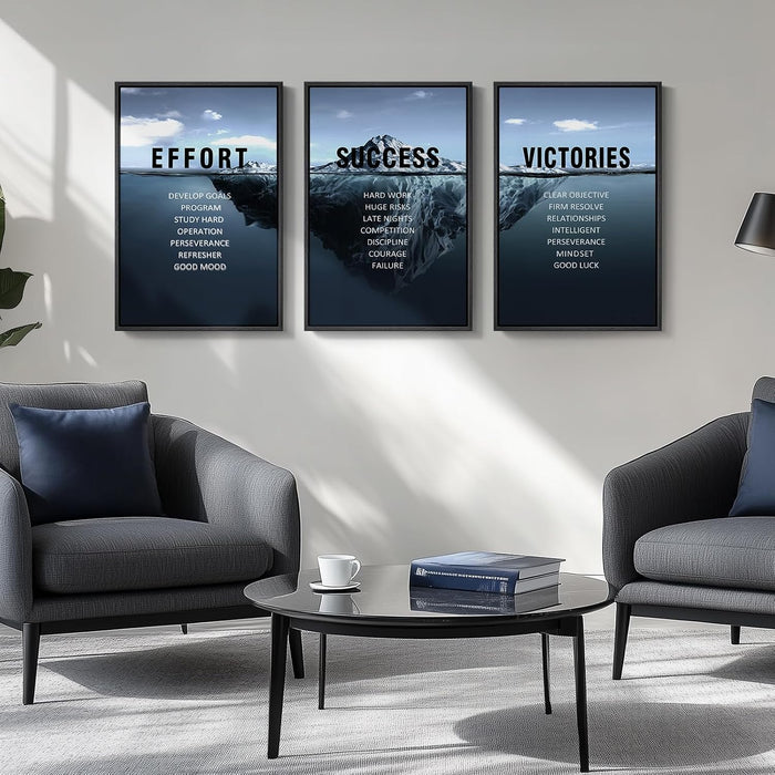 Framed Motivational Wall Art for Office Decor, Set of 3 Inspirational Modern Iceberg Canvas Wall Art Prints, Navy Blue Positive Quotes Pictures for Home Office Gym Library Wall Decor, 16X24 Inch