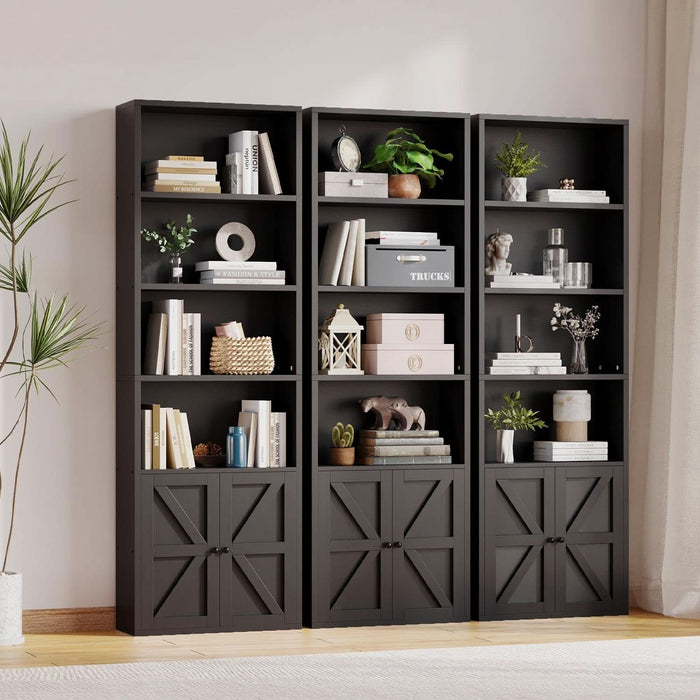 Bookshelf Bookcase with Doors, 6 Tier 71" Tall Wooden Storage Shelves Organizer, Floor Standing Display Cabinet Shelves, Home Decor Furniture for Home Office, Living Room, Bedroom, Black