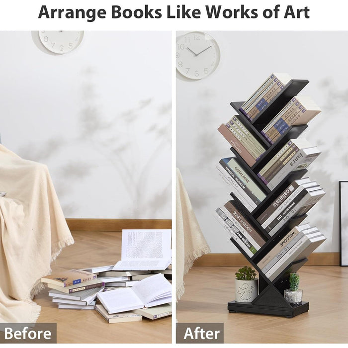 8 Tier Tree Bookshelf,8 Shelf Floor Standing Bookcase Display for Cds/Magazine/Books, Retro Bookshelf for Bedroom, Living Room, Office,Balcony,Book Organizer Storage Shelves