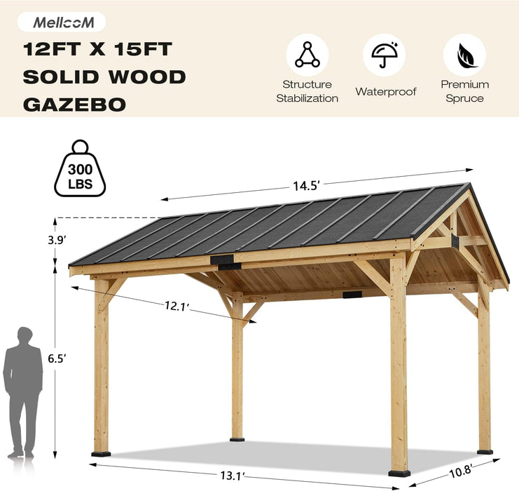 12' X15' Wood Gazebo, Spruce Solid Wood Hardtop Pavilion, Waterproof Asphalt Roof, for Patio, Lawn, Garden, Easy Installation