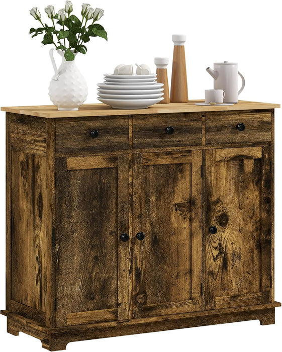 Sideboard Buffet Cabinet Solid Wood Countertop Rustic Brown | Modern Kitchen Storage, Coffee Bar Cabinet, 3 Drawers, Doors, Adjustable Shelf