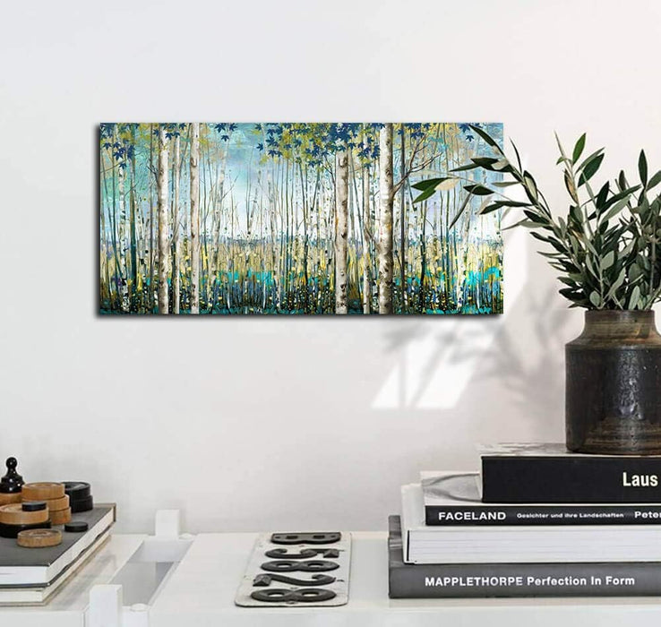 Large Framed Birch Tree Canvas Wall Art Nature Painting for Home Decor | Teal Artwork for Living Room, Bedroom, and Office Pictures for Living Room 24×48IN