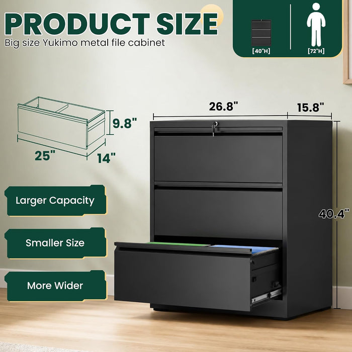 3 Drawer Lateral File Cabinet with Lock, File Cabinet for Home Office,Black