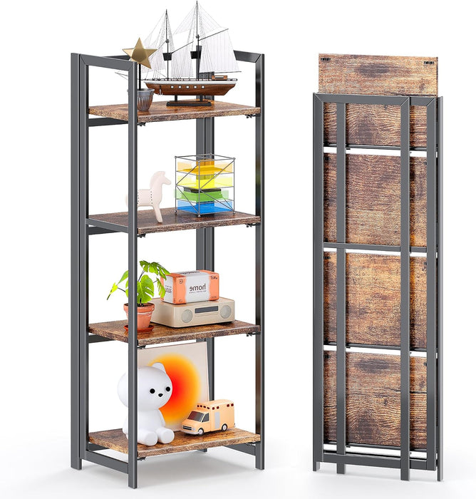 No Assembly Small 4 Tier Folding Bookshelf Compact Storage Shelves Vintage Bookcase Standing Racks for Bedroom Living Room Home Office