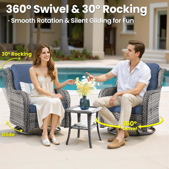 7-Pieces Patio Furniture Set with 42 Inch Fire Pit Table Swivel Chairs, Outdoor Wicker Sofa Couch Gliders Rocker, Modern High Back Conversation Set, Grey Rattan, Denim Blue