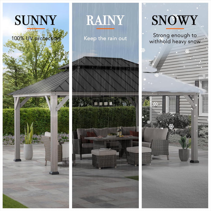 12 X 16 Ft. Wood Gazebo, Outdoor Patio Cedar Framed Steel Hardtop Gazebo with 2-Tier Metal Roof, Suitable for Patios, Lawn and Backyard, Matte Black Roof + Gray Wood Frame