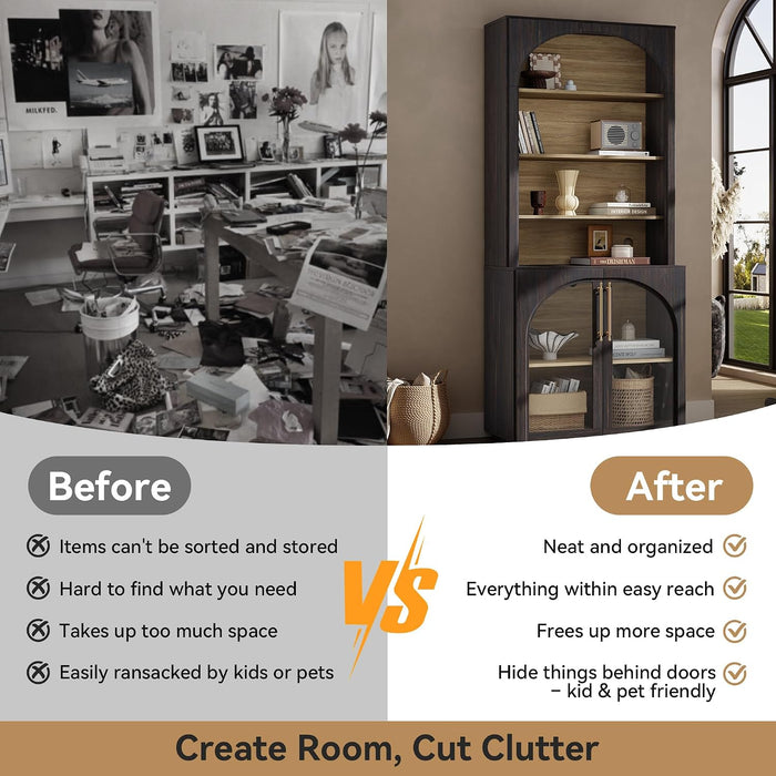 72" Tall Arched Storage Cabinet with Hutch, Bookcase with Open Shelves