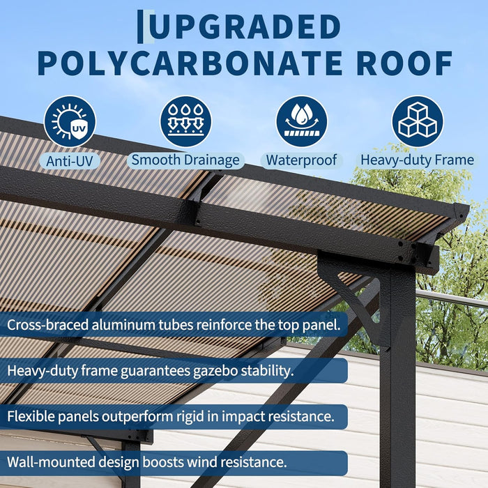 10 X 10 FT Wall Mounted Gazebo Pergola for Patio, Hardtop Gazebo with Sloped Polycarbonate Roof, Lean to Carport with 4-Pillar Aluminum Frame, Outdoor Garden Deck Shade for Decks, Backyard