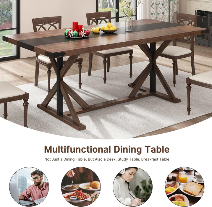 71" Farmhouse Dining Table for 5 6 8 People, Rectangular Kitchen Table W/Thickness Waterproof Wood Grain Tabletop (Brown, 71 X 35.4 X 30 In)