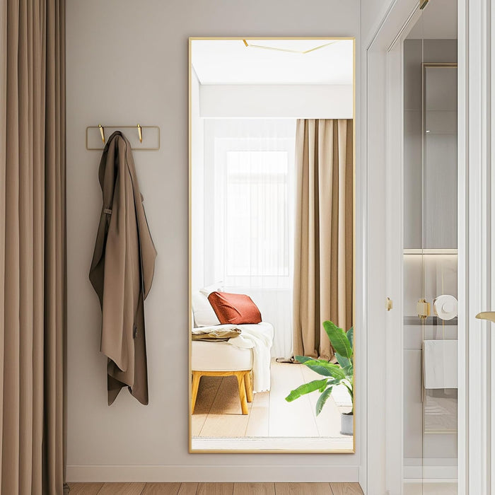Full Length Mirror with Stand, 56"X15" Floor Mirror with Aluminum Alloy Frame for Bedroom, Standing Full Body Mirror with Shatter-Proorf Nano Glass for Wall, Living Room, Cloakroom, Gold