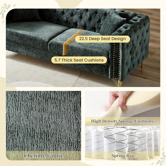 2 Pieces Chenille Living Room Furniture Sofa Couch Set,Button Tufted Comfy Couch with Nailhead Trim&Metal Legs,Mid Century Modern Couch and Loveseat Sets for Living Room(Loveseat+3 Seater Sofa,Green)