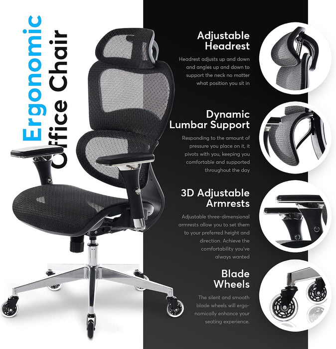 Ergopro Ergonomic Office Chair, Rolling Desk Chair with 4D Adjustable Armrest, 3D Lumbar Support, Blade Wheels, Mesh Computer Gaming Executive Swivel Chairs Chair (Black)