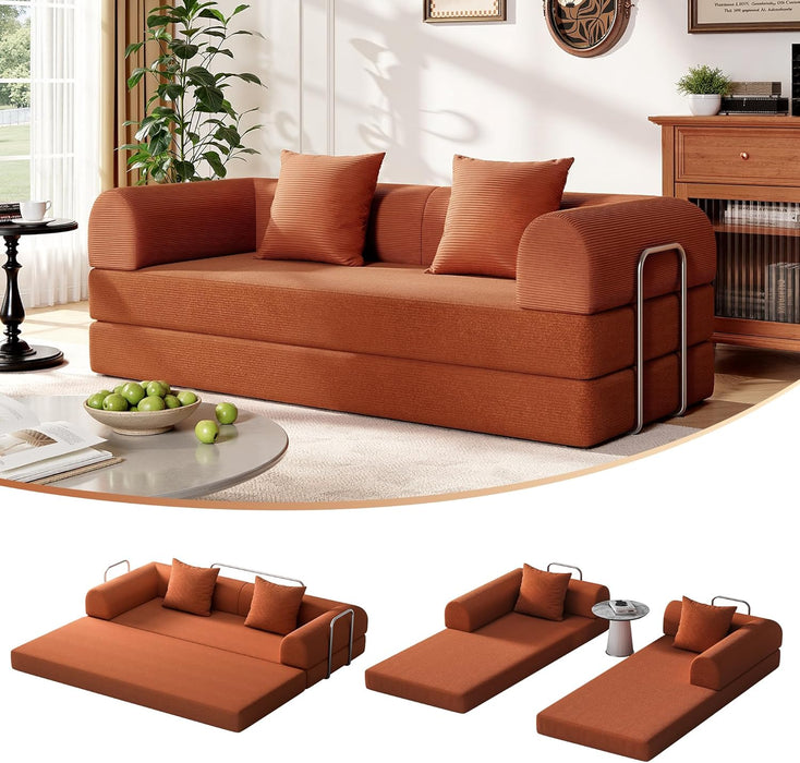 79 Inch Convertible Sofa Bed Orange CorduroyPillows