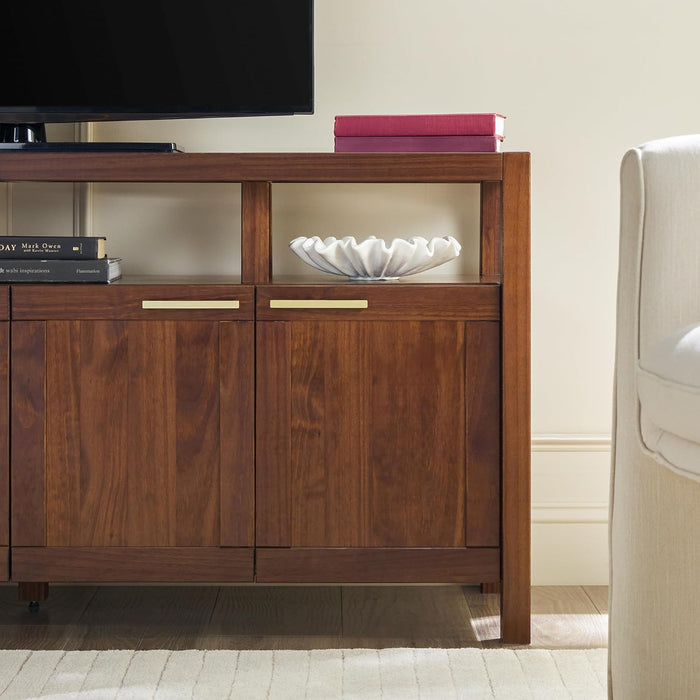 Isla Modern Solid Wood TV Stand with Tempered Glass Top and Shadow Box Shelf, 58 Inch, Walnut