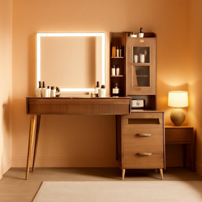 Vanity Desk with 29.53" HD Lighted Mirror, 47.24" Big Modern Vanity Desk with Mirror and Lights, Makeup Vanity with 5 Drawers and Storage Shelves and Charging Station,Brown