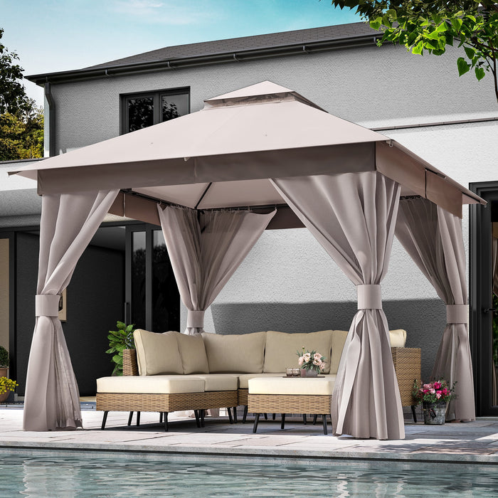 10'X10' Patio Gazebo, Double Roof Outdoor Shelter Tent with Mosquito Nettings and Privacy Screens, Khaki