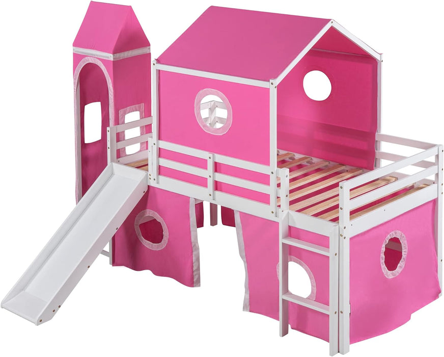 Twin over Twin House Bunk Bed, Kids Playhouse Bed, Solid Wood Bunk Bed Frame with Slide Pink Tent and Tower, for Girls and Boys, Pink