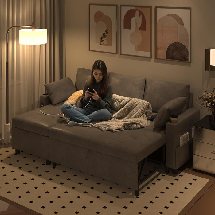 Charcoal Gray Sleeper Sofa With ReversibleStorage Chaise