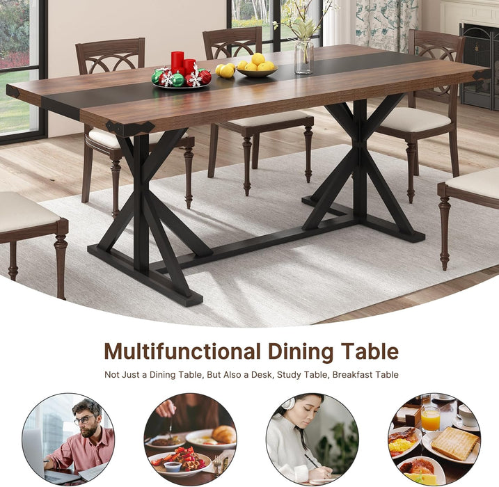 71 Inch Dining Table for 6 People, Rectangular Kitchen Farmhouse Table W/Thickness Waterproof Wood Tabletop,Long Dining Room Tables W/Wood Strip Base for Kitchen Living Room(Brown&Black)