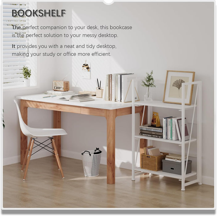 No Assembly Folding Bookshelf Storage Shelves 3 Tier Vintage Bookcase Standing Racks for Bedroom Living Room Home Office