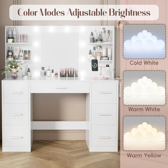 Vanity Desk with Mirror, Power Outlet and 10 Lights, Makeup Table with 7 Drawers, 3 Color Modes Available for Bedroom, Light White