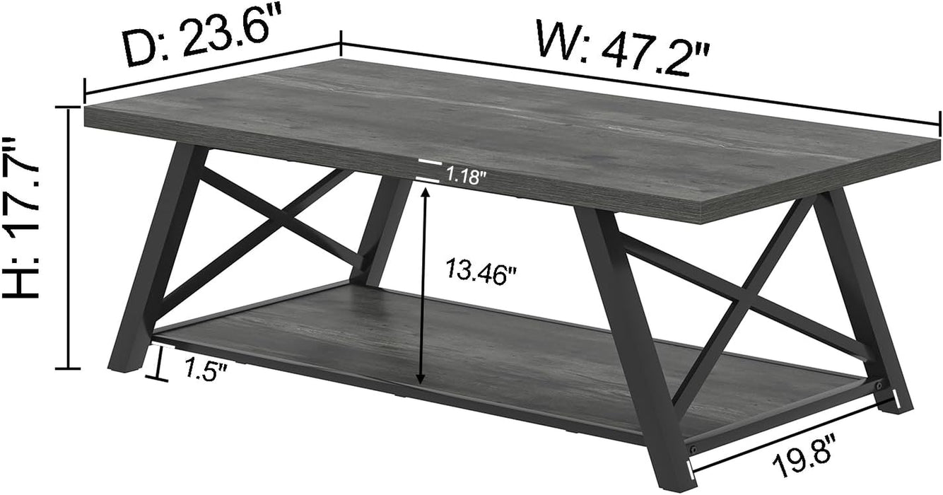 Coffee Table, Industrial Wood and Metal Center Table for Living Room, Rectangle Cocktail Tea Table with Storage Shelf, Rustic Grey, 47 Inch