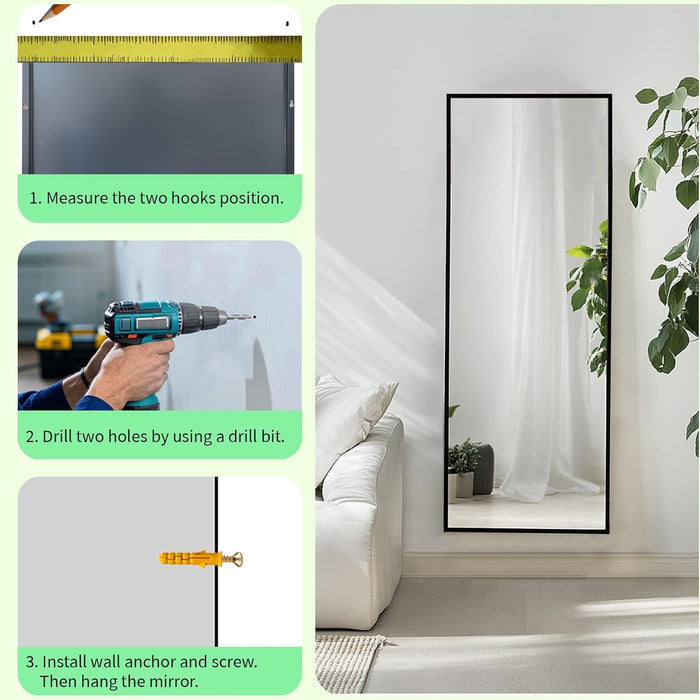 Full Length Mirror, Full Body Mirror with Aluminum Metal Frame, Standing Mirrors for Bedroom, Livingroom, Cloakroom, Hallway, Home Décor. (56X16 Inch, Black)