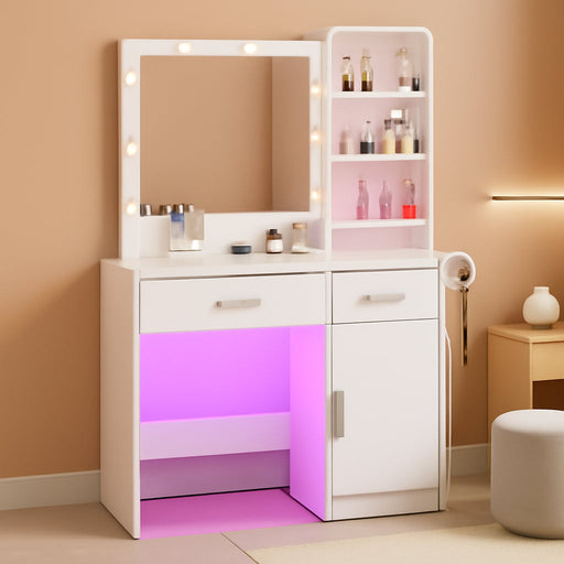 White Vanity Desk with Mirror & RGB Lights - Adjustable Brightness, Glass Top, Built-In Power Outlet, Multi-Storage Makeup Dressing Table for Bedroom