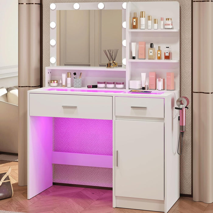 White Vanity Desk with Mirror & RGB Lights - Adjustable Brightness, Glass Top, Built-In Power Outlet, Multi-Storage Makeup Dressing Table for Bedroom