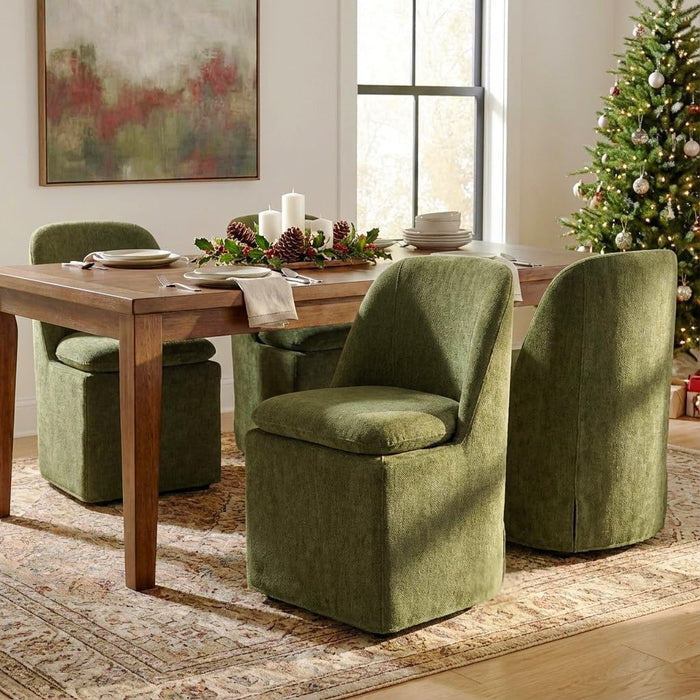 Upholstered Dining Chairs with Casters, Washable Cover Modern Dining Room Chairs with Thick Cushion & Sturdy Metal Frame for Kitchen, Living Room, Dressing Room, Green Fabric, 4PCS