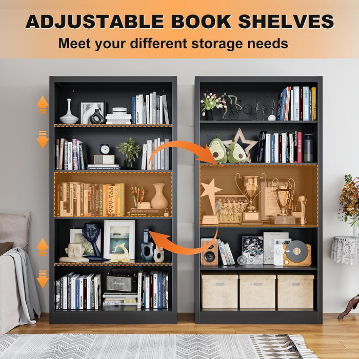 66" Tall Metal Bookcase, 5 Shelf Black Bookcase with Adjustable Shelves, Large Bookshelves and Bookcases, Modern Book Shelf Storage Organizer for Living Room, Home Office, Library (Black)