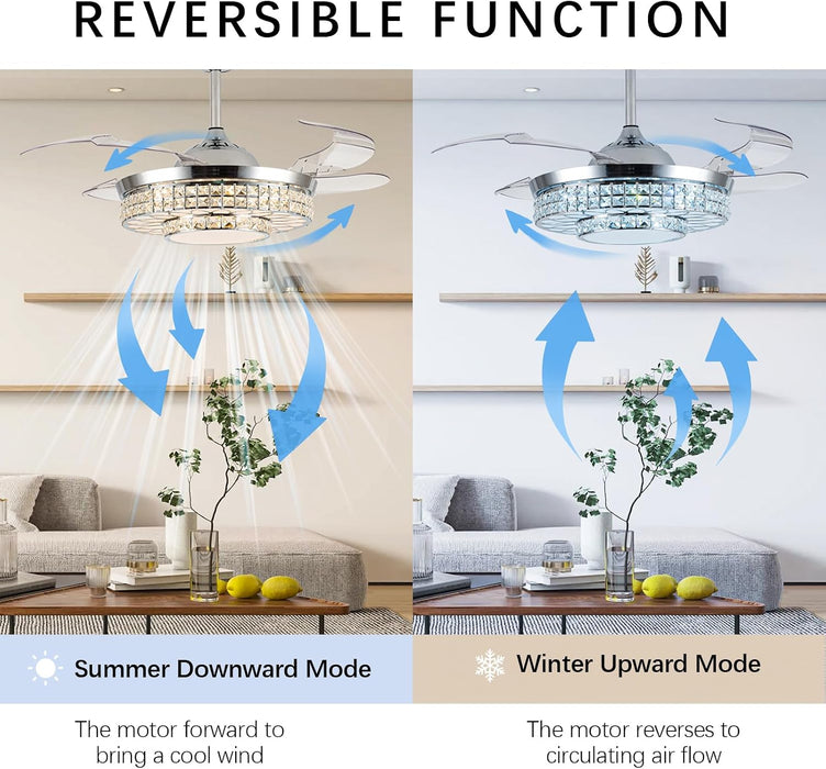 42" Retractable Ceiling Fans with Lights, Crystal Chandelier Ceiling Fan with Remote & APP Control, Modern Dimmable LED Fandelier for Living Room, Dinning Room, Bedroom (Silver)