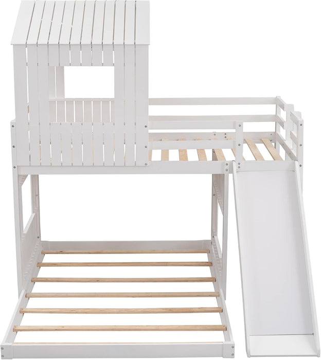 Twin over Full Bunk Bed Frames Loft Bed with Slide, House Roof, Window and Safety Guardrails for Boys or Girls, White