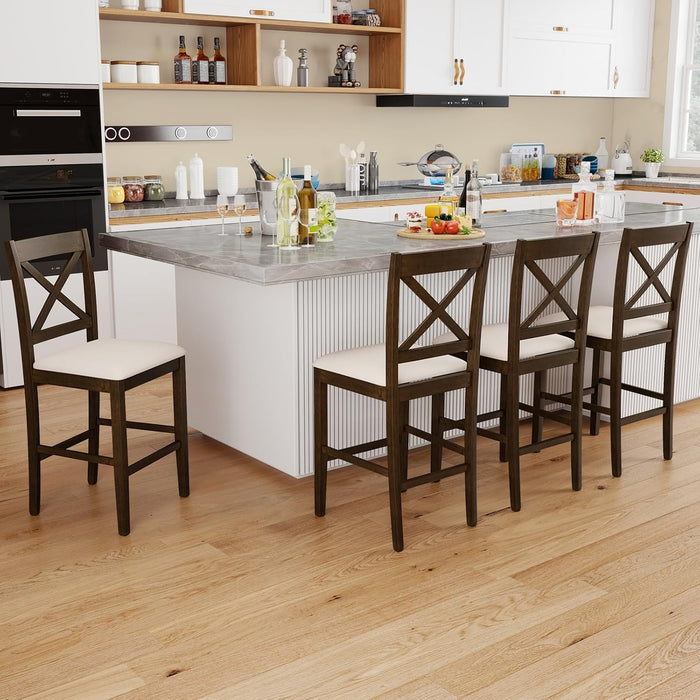 24" Farmhouse Bar Stools Set of 2, Cross Back Counter Height Chairs with Padded Linen Upholstered Seat & Footrest, Wooden Barstools for Kitchen Island, Dining Room, Cafe, Dark Brown & Cream