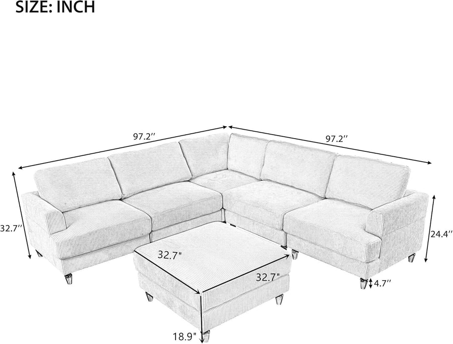 Large Sectional Sofa Couch with Ottoman for Living Room, L Shaped Corduroy Fabric Sofa Couch, 98" L Modular Corner Sectional Sofa for Spacious Space Office, Beige