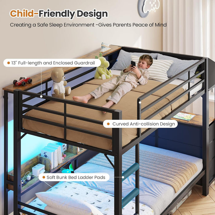Twin over Twin Bunk Bed with 6 Storage Drawers,Led Lights and Charging Station Metal Bunk Beds with Side Bookcase,3 Storage Boxes &Shelf,L-Shaped Bunk Bed with Safety Guardrail and Ladder,Black