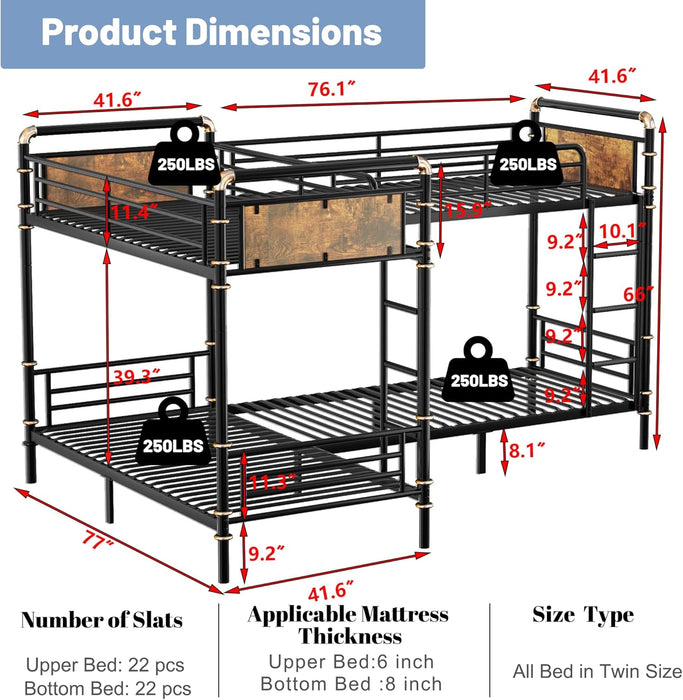 Quad Bunk Bed, Heavy Duty Metal 4 Bunk Beds for Kids with Ladders, Detachable Industrial L-Shaped Bunk Beds, Space Saving Design,Can Be Divided into 3 Twin Beds, Black