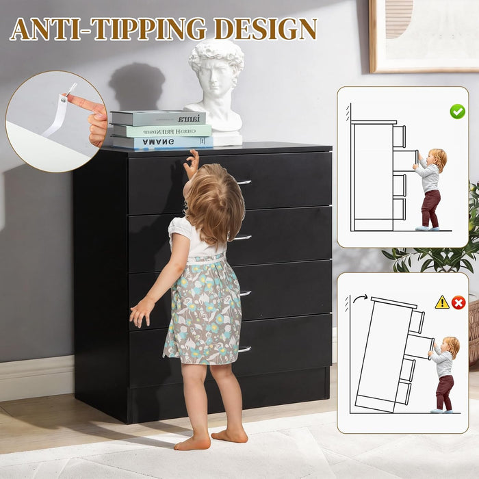Black 4 Drawer Dresser for Bedroom, Modern Nightstand Storage Chest of Drawer, Wooden Side Table End Table, Living Room, Reception Room