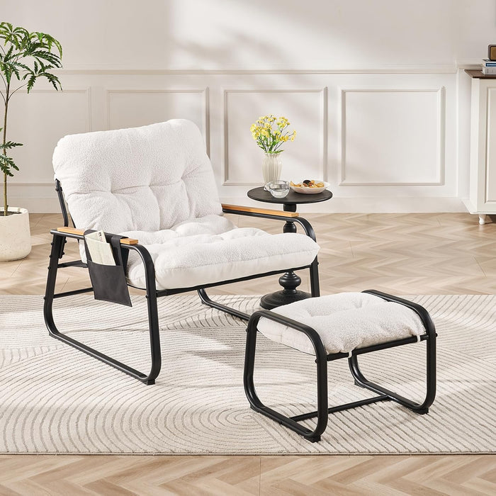Beige Upholstered Lounge Chair With Ottoman Footrest