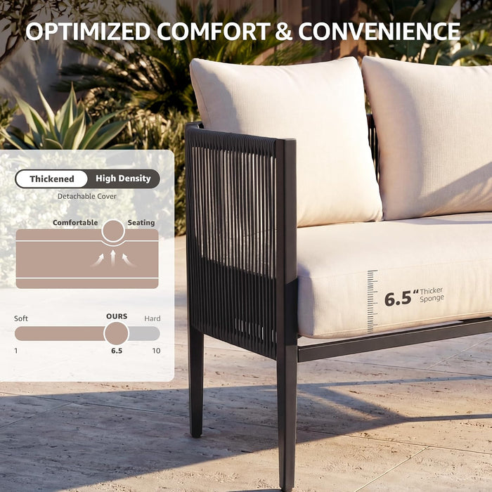 4 Piece Patio Furniture Set, Rattan Side Arm & Back, Semicircular Design