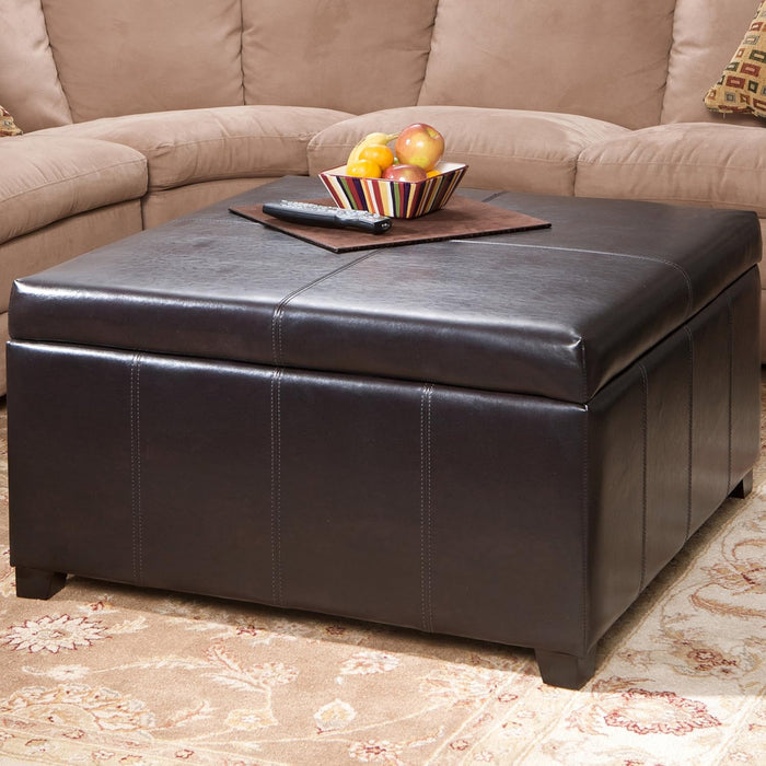 Forrester Brown Leather Square Storage Ottoman, 35 by 35 by 19