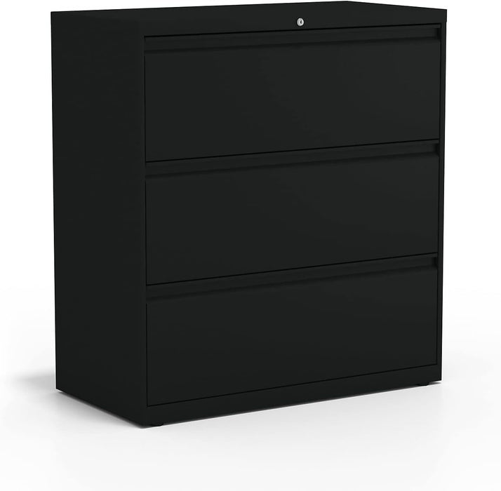 3-Drawer Lateral File Cabinet, 36 Inch Wide, Locking, Black