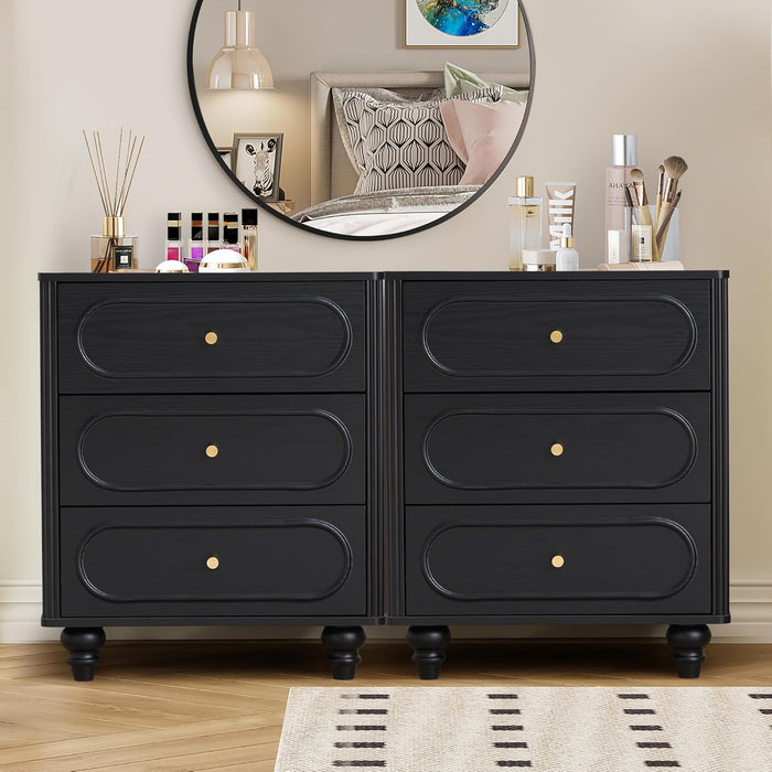 3 Drawer Fluted Dresser for Bedroom Set of 2, Mid Century Modern Chest of Drawers, Wood Storage Small Dresser Organizer for Bedroom Living Room Hallway Closet, Black