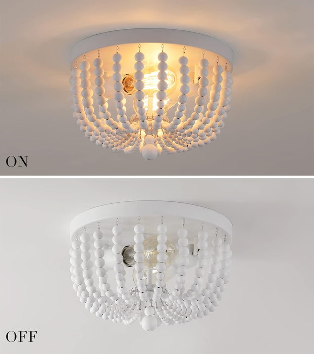 White Flush Mount Ceiling Light Fixtures,2-Lights Wood Beaded Boho Chandeliers for Nursery Baby Bedroom Dining Room Living Room Kitchen Hallway W11.81