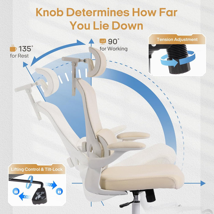 Ergonomic Office Chair, High Back Home Office Chair with 4D Adjustable Headrest & Lumbar Support, 330Lbs Capacity Mesh Desk Chair with Flip-Up Arms, Comfortable Computer Chair, Beige