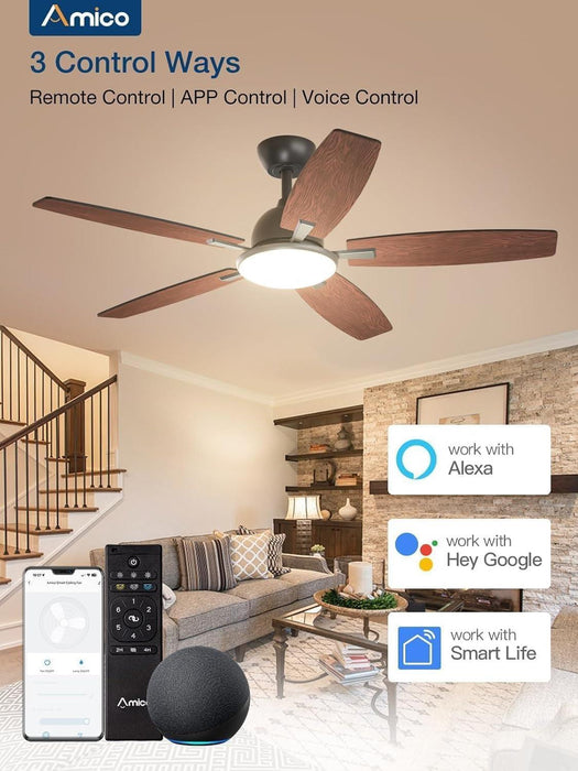 Ceiling Fans with Lights, 52 Inch Smart Ceiling Fan with Remote/App/Alexa Control, Reversible DC Motor, 5 Blades, 6 Speeds, 3CCT, Dimmable, Noiseless, Wifi Ceiling Fan for Farmhouse, Bedroom
